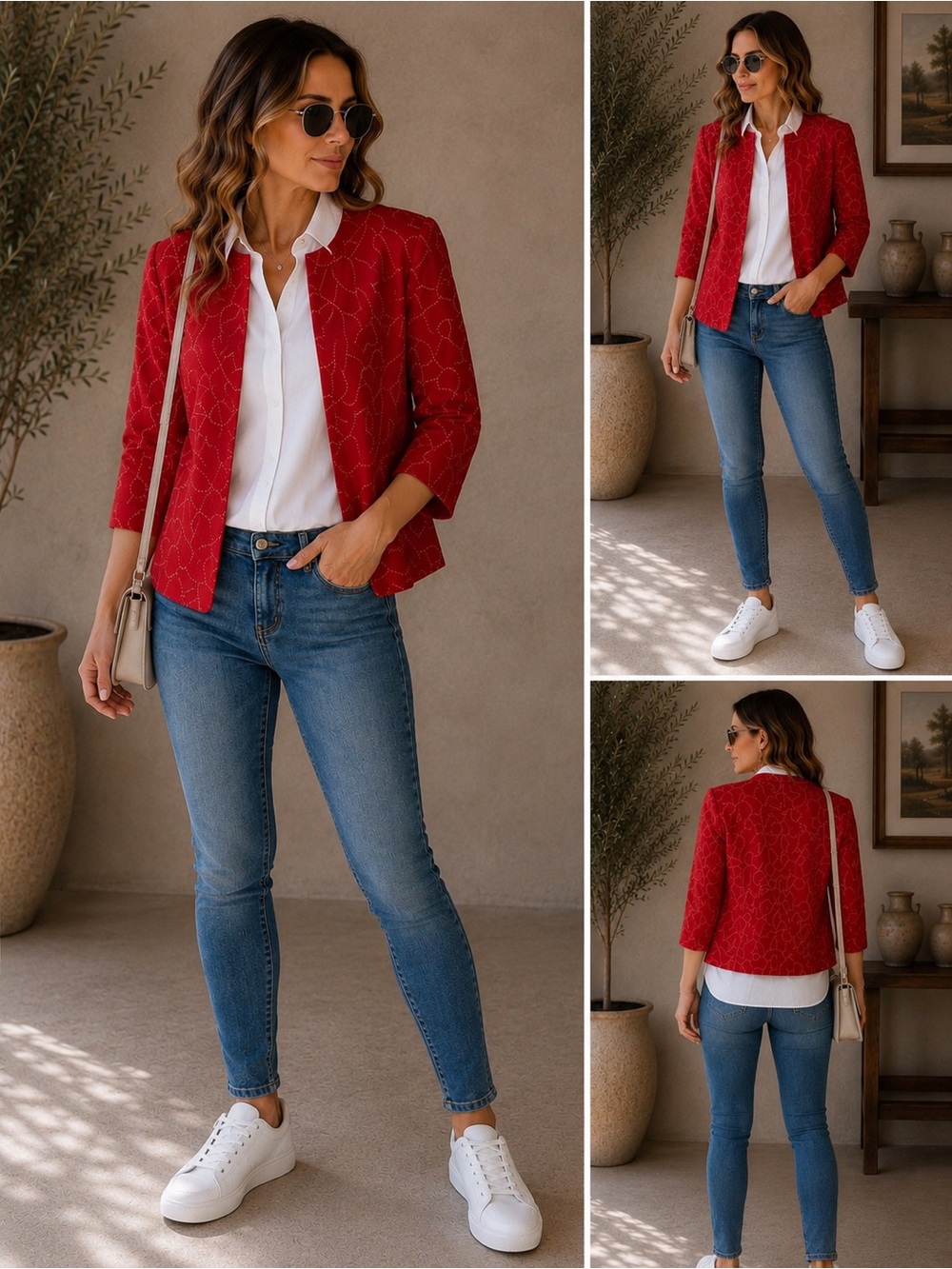 Women's Red Textured Open-Front Blazer Jacket by Barry bricken 100% linen
